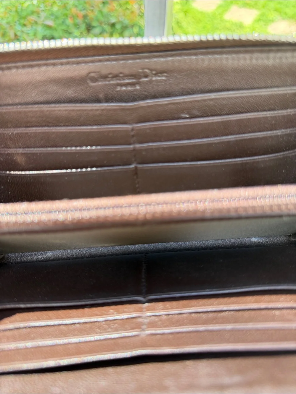 Dior  Authentic Dark Brown Embossed Leather zip -Around Wallet
